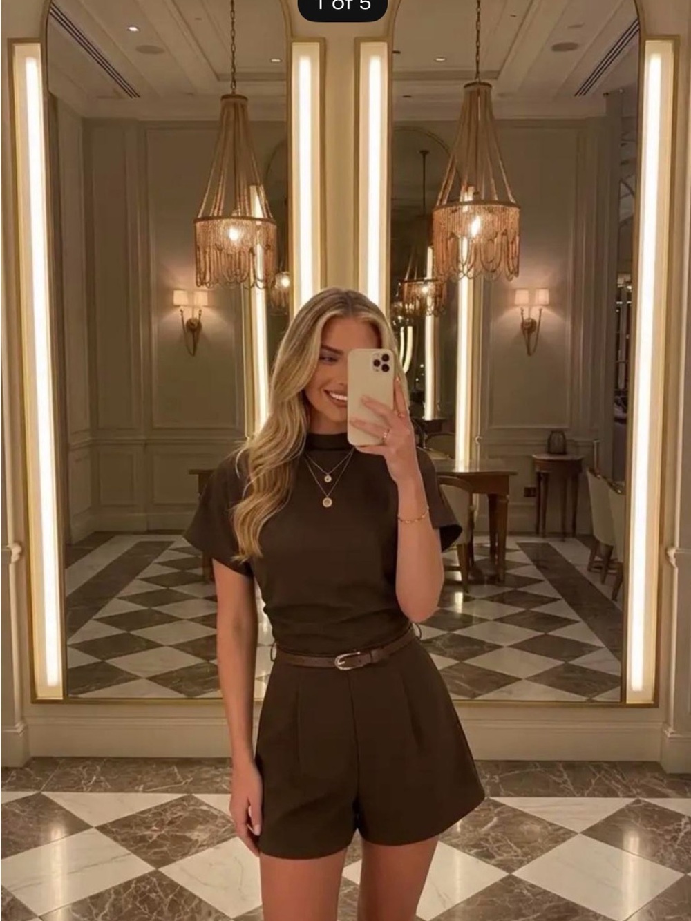 Cider Dark Brown Short Sleeve Romper with Belt